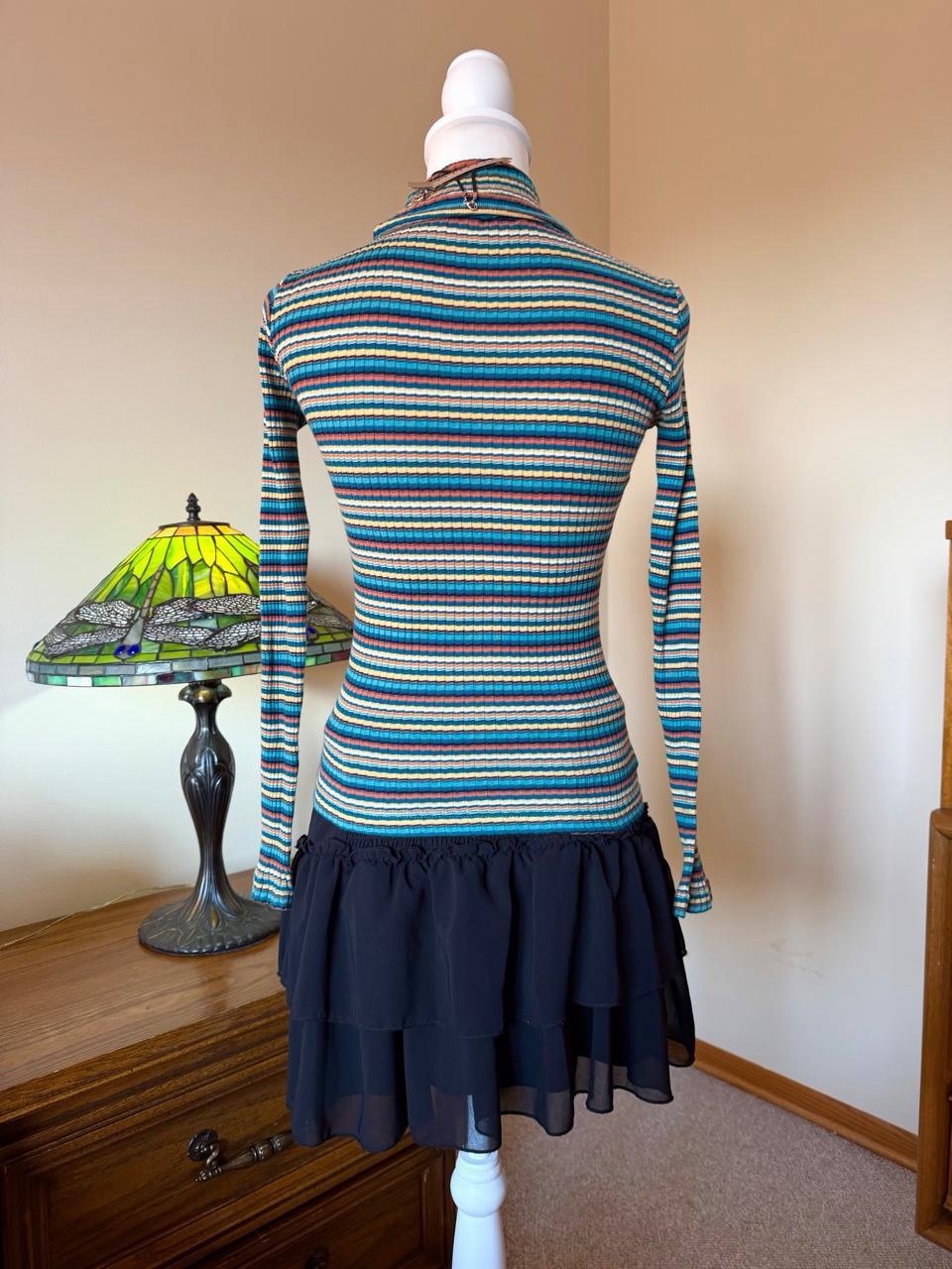 Vintage 90s Striped Turtleneck Top With Horizontal Stripes In Teal Blue — image 4 of 8